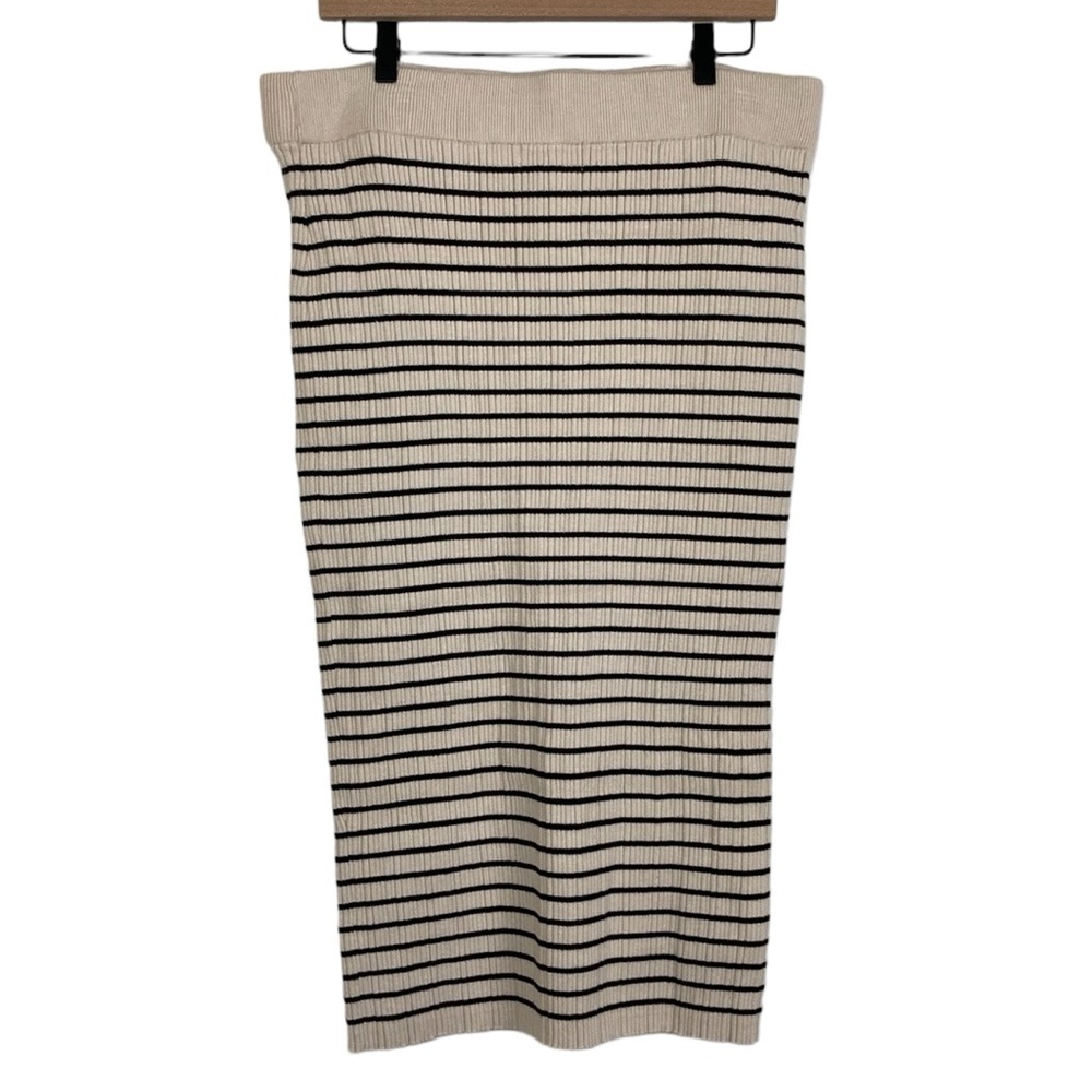 Marled Cream Rib Knit Stripe Midi Pull On Skirt